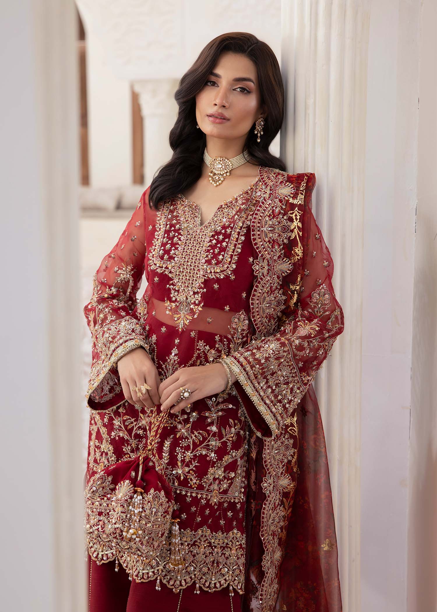 Kanwal Malik Red Shirt with Flared Pants for Luxury Wedding wear - Pakistani Designer Wear for Women in UK | Kifat