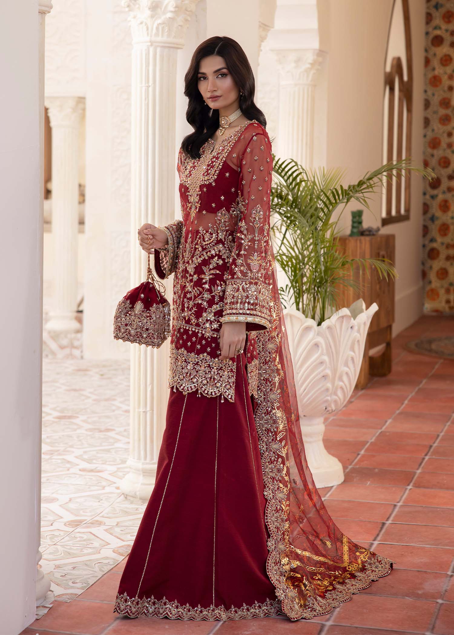 Kanwal Malik Red Shirt with Flared Pants for Luxury Wedding wear - Pakistani Designer Wear for Women in UK | Kifat