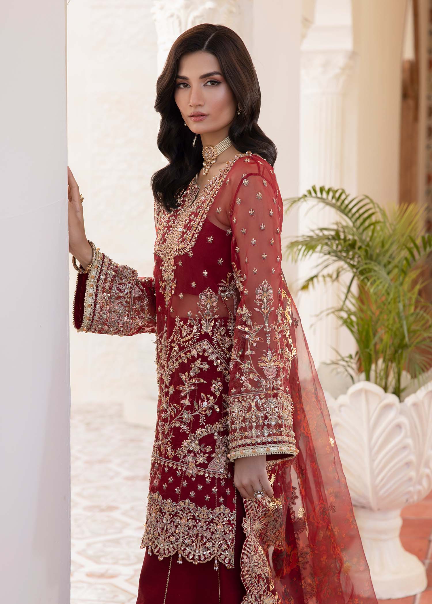 Kanwal Malik Red Shirt with Flared Pants for Luxury Wedding wear - Pakistani Designer Wear for Women in UK | Kifat