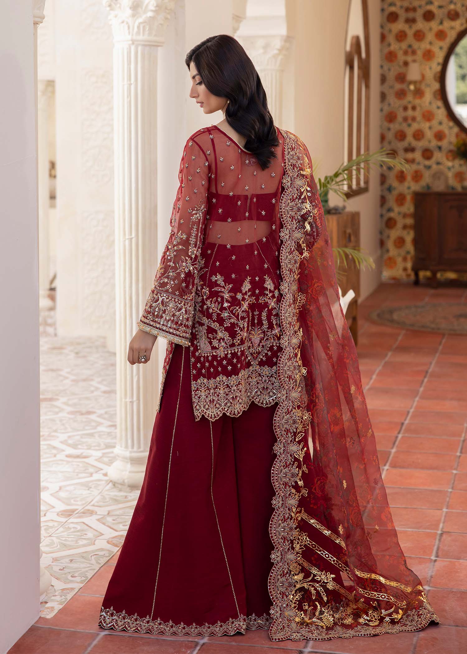 Kanwal Malik Red Shirt with Flared Pants for Luxury Wedding wear - Pakistani Designer Wear for Women in UK | Kifat