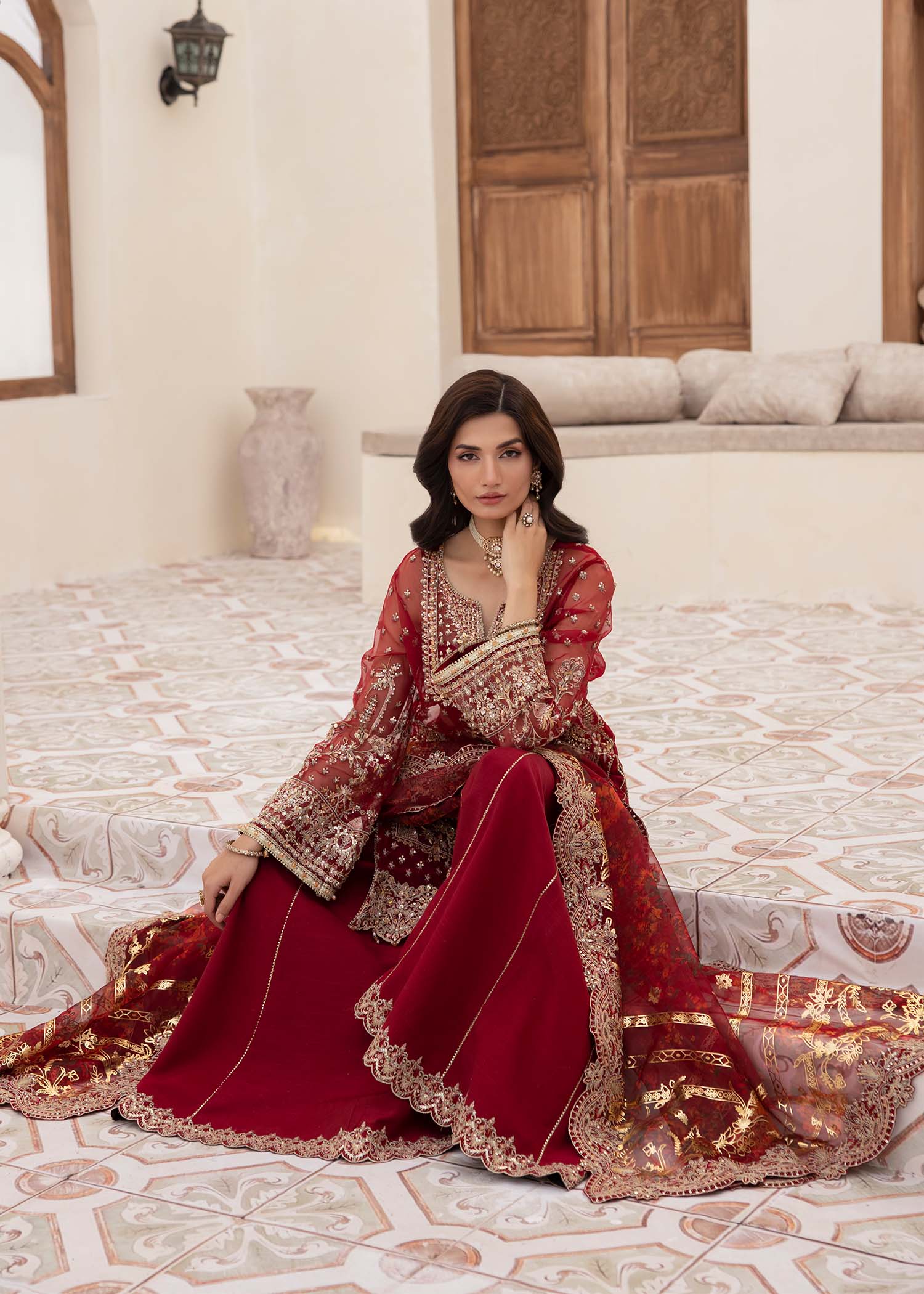 Kanwal Malik Red Shirt with Flared Pants for Luxury Wedding wear - Pakistani Designer Wear for Women in UK | Kifat