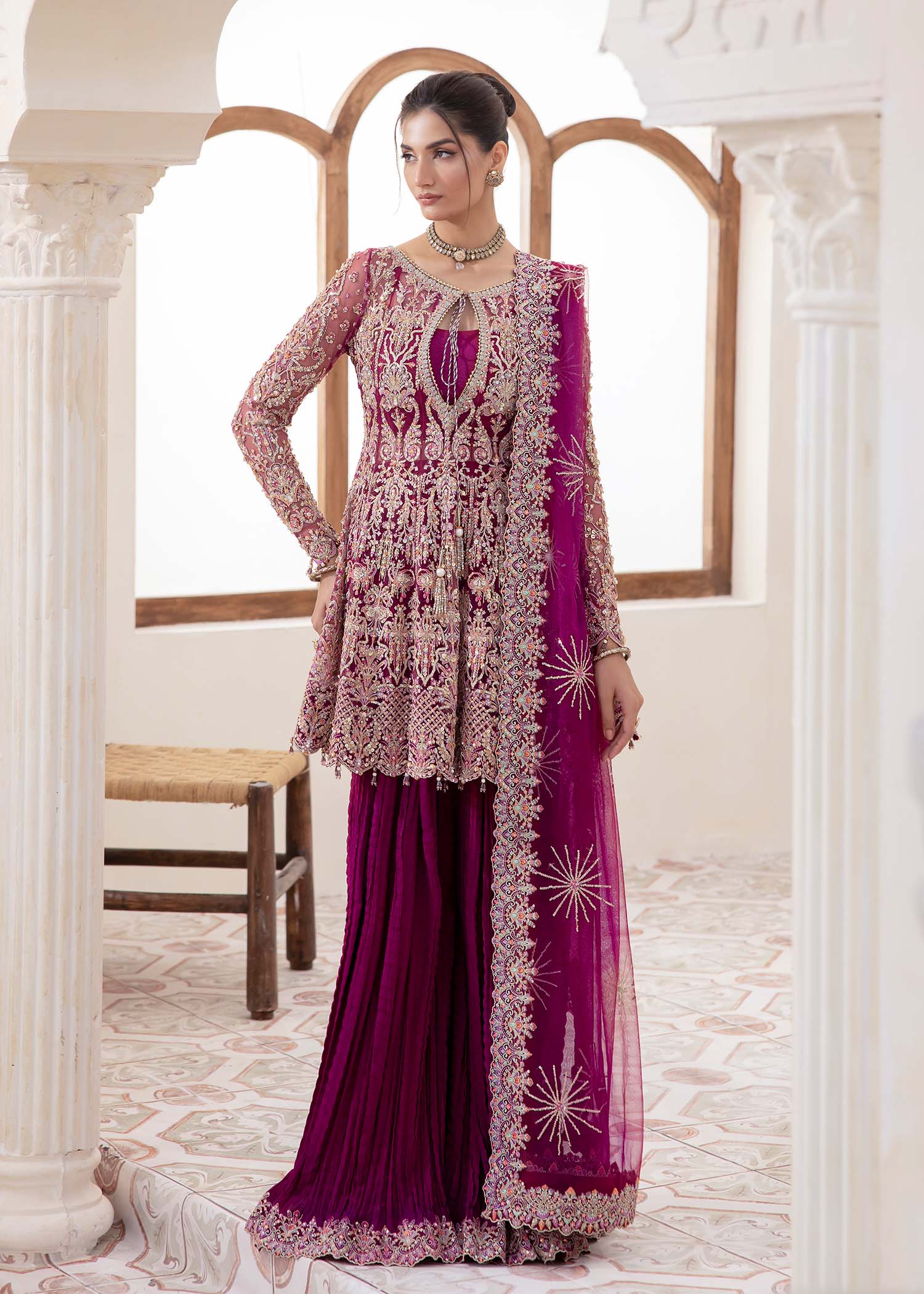 Kanwal Malik Plum short peplum top with crushed pants for Luxury Wedding wear - Pakistani Designer Wear for Women in UK | Kifat