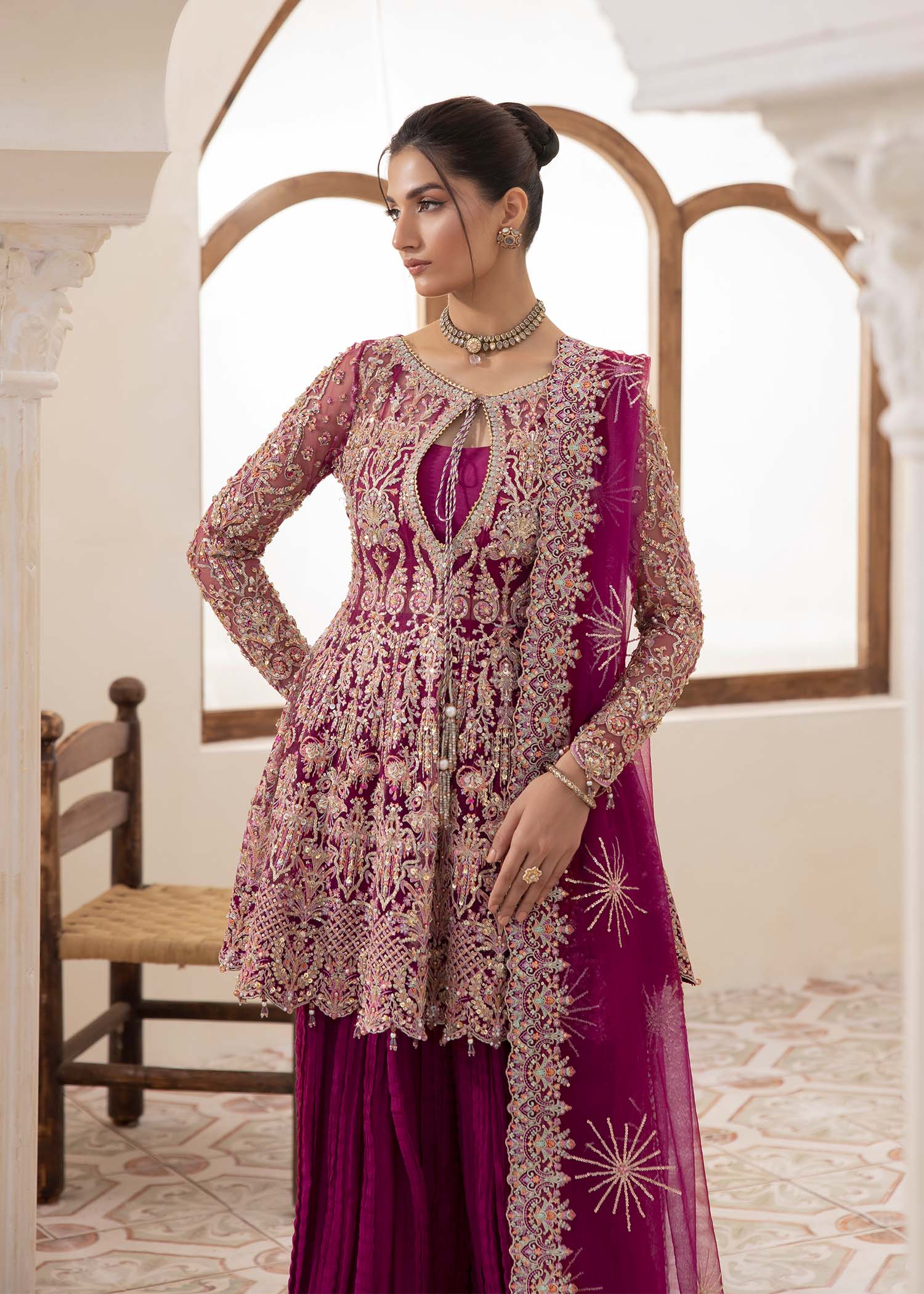 Kanwal Malik Plum short peplum top with crushed pants for Luxury Wedding wear - Pakistani Designer Wear for Women in UK | Kifat