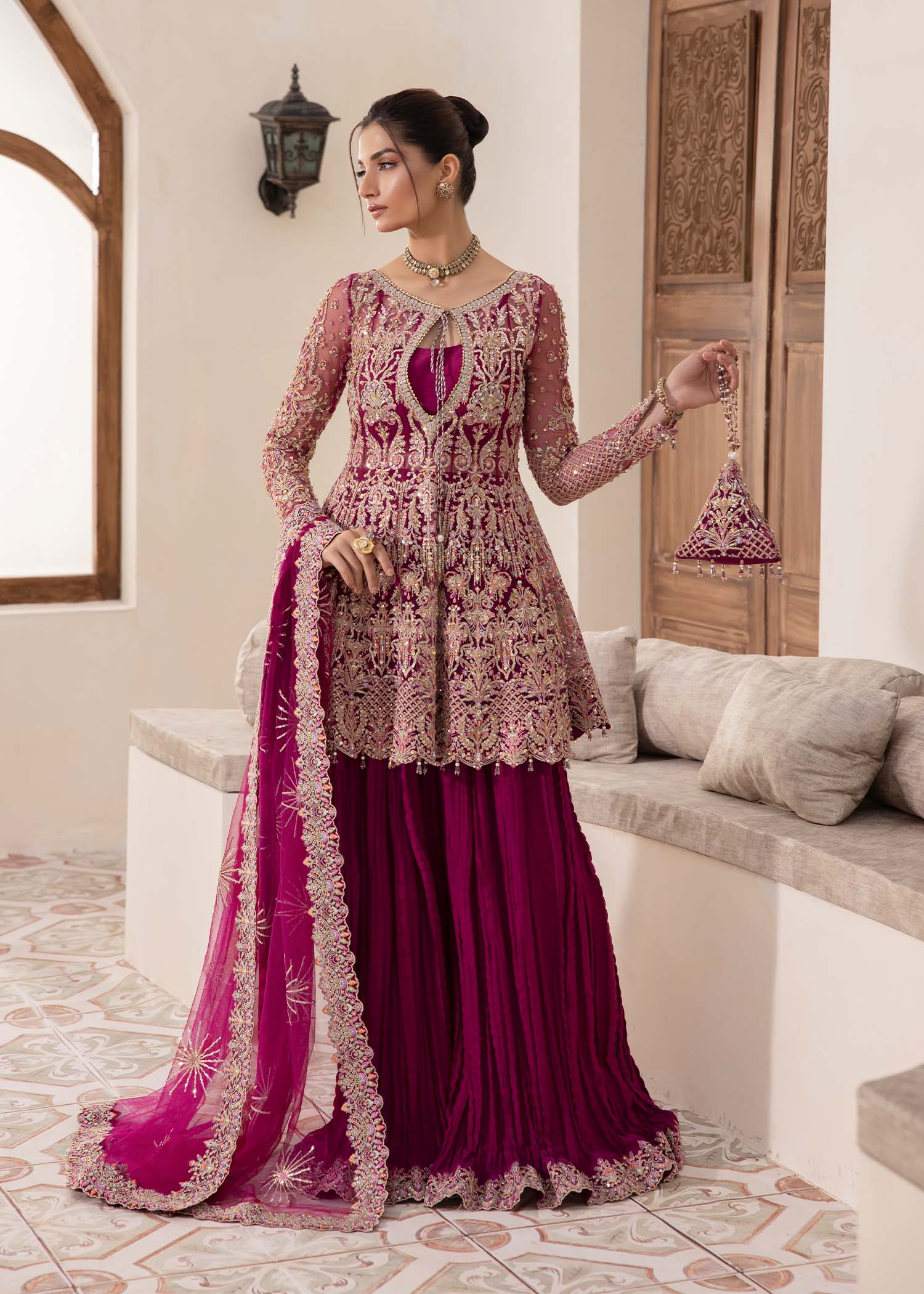 Kanwal Malik Plum short peplum top with crushed pants for Luxury Wedding wear - Pakistani Designer Wear for Women in UK | Kifat