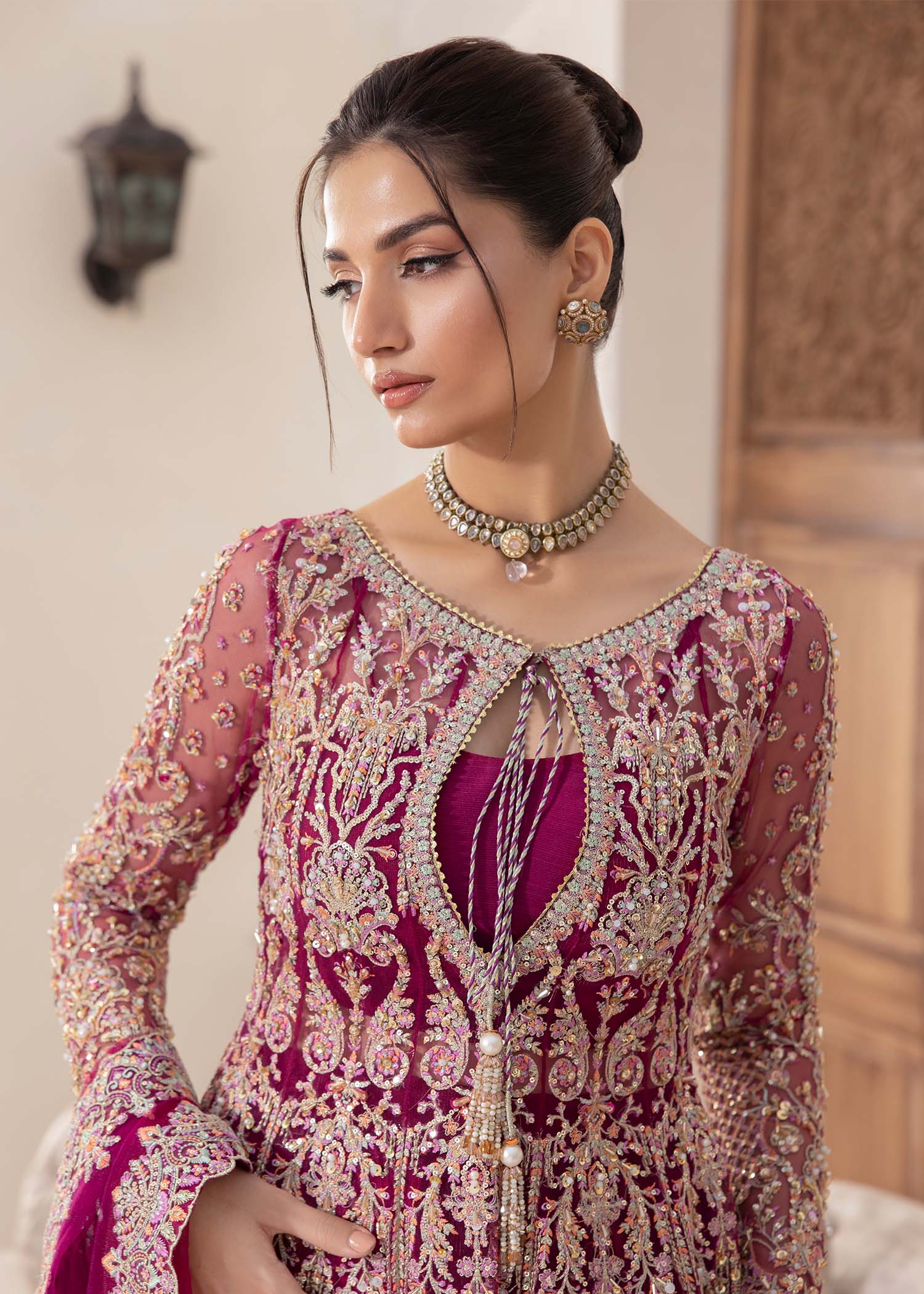 Kanwal Malik Plum short peplum top with crushed pants for Luxury Wedding wear - Pakistani Designer Wear for Women in UK | Kifat