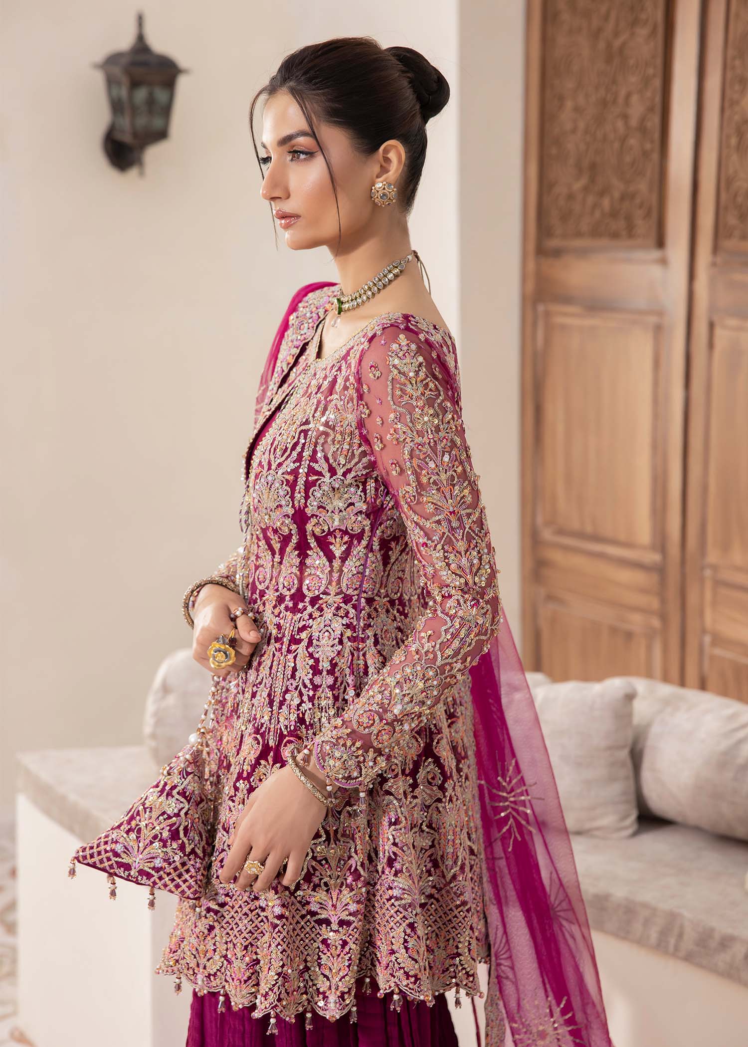 Kanwal Malik Plum short peplum top with crushed pants for Luxury Wedding wear - Pakistani Designer Wear for Women in UK | Kifat