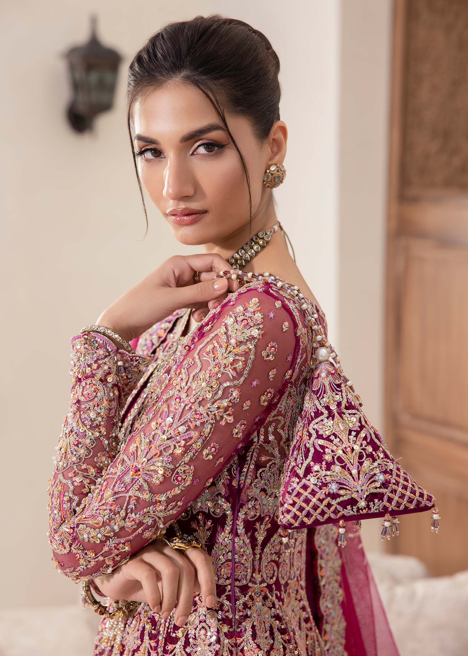 Kanwal Malik Plum short peplum top with crushed pants for Luxury Wedding wear - Pakistani Designer Wear for Women in UK | Kifat
