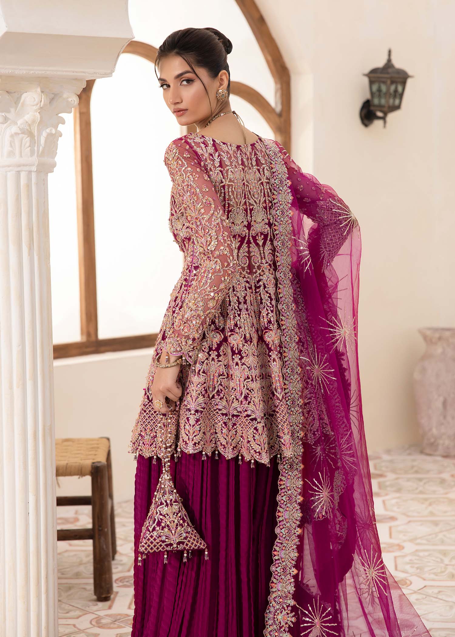 Kanwal Malik Plum short peplum top with crushed pants for Luxury Wedding wear - Pakistani Designer Wear for Women in UK | Kifat