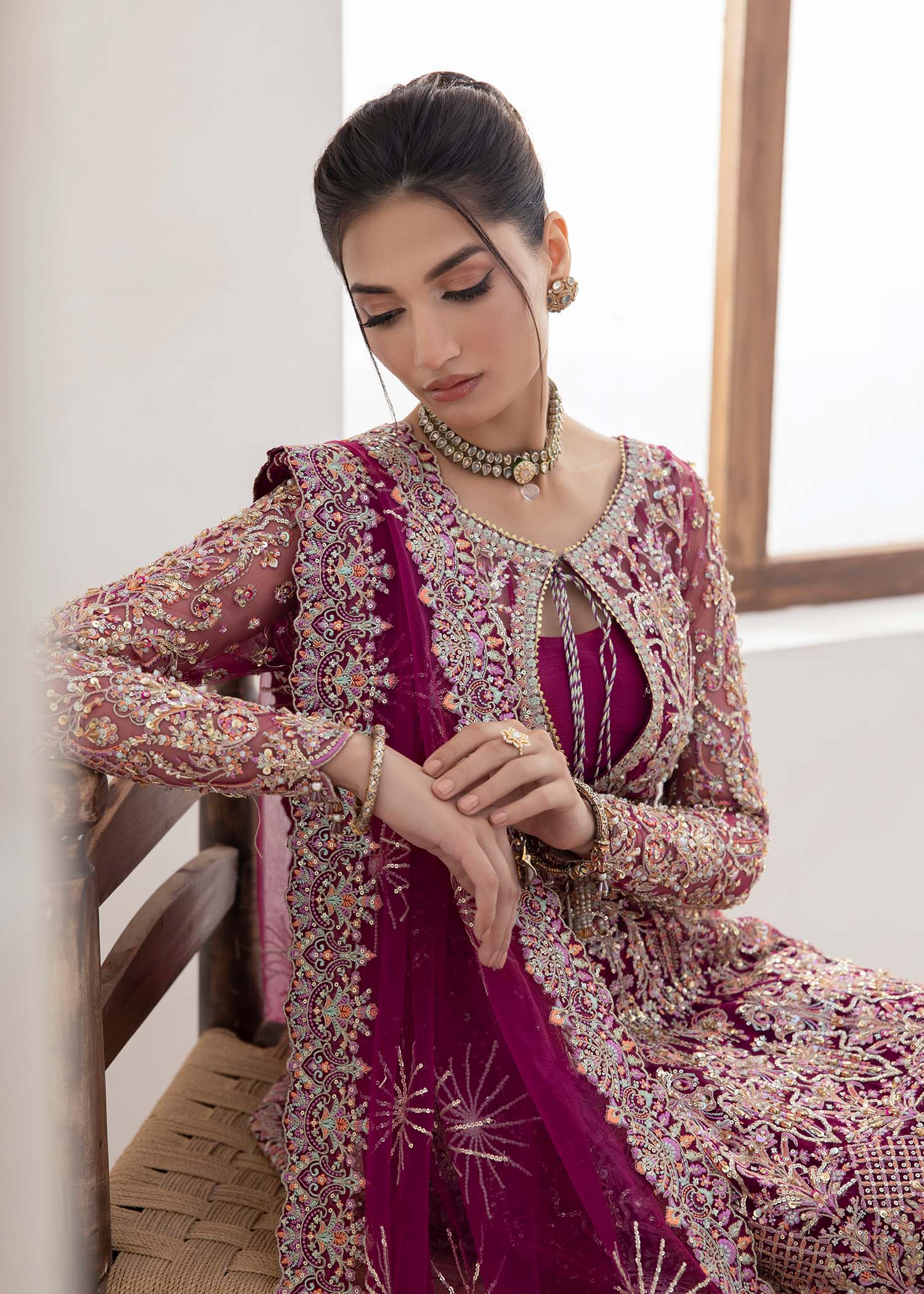 Kanwal Malik Plum short peplum top with crushed pants for Luxury Wedding wear - Pakistani Designer Wear for Women in UK | Kifat