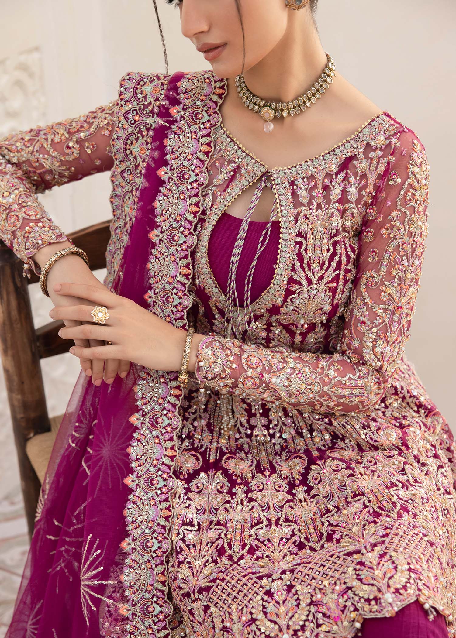 Kanwal Malik Plum short peplum top with crushed pants for Luxury Wedding wear - Pakistani Designer Wear for Women in UK | Kifat