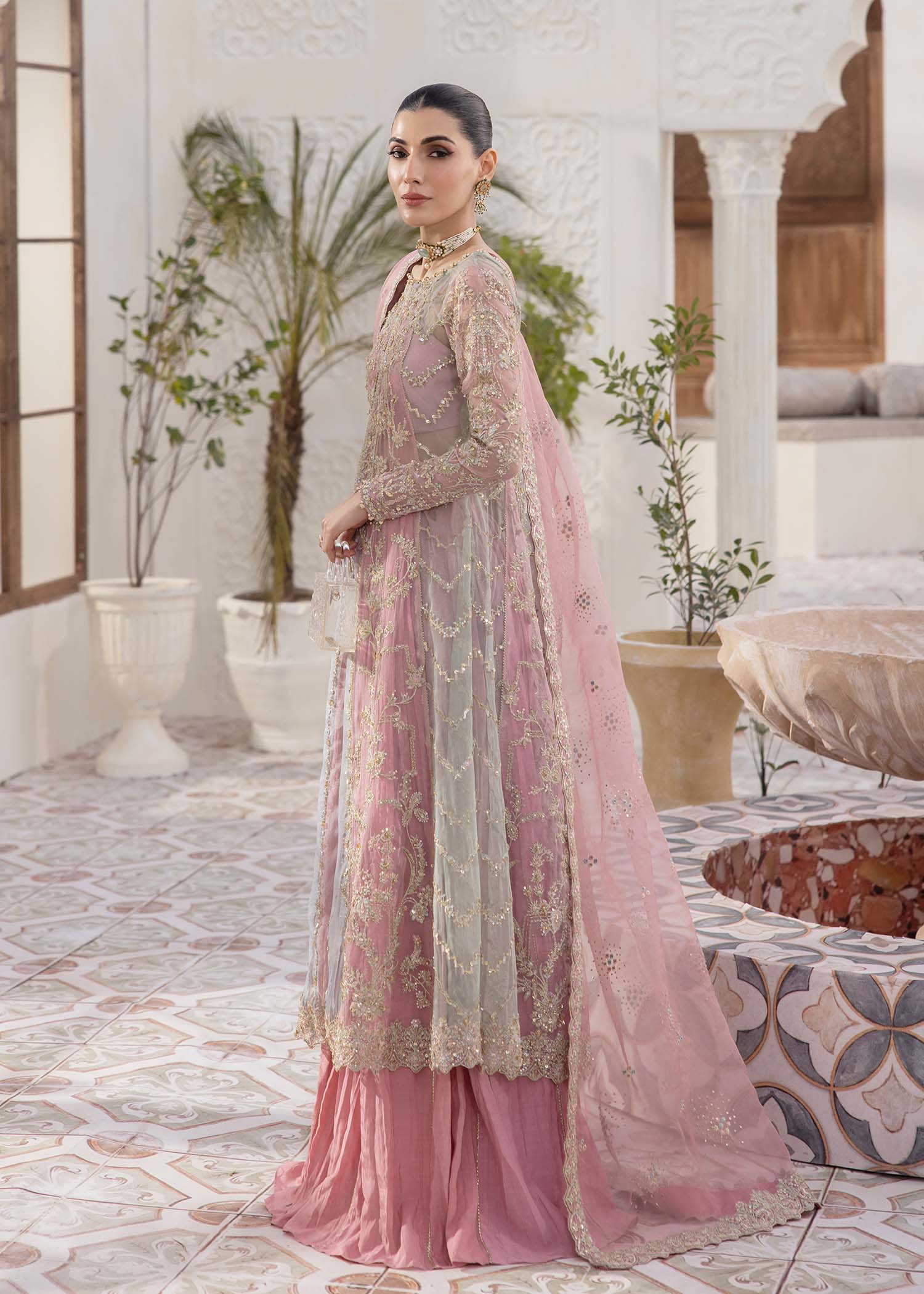 Kanwal Malik Pink Pishwas with Crushed Pants for Luxury Wedding wear - Pakistani Designer Wear for Women in UK | Kifat