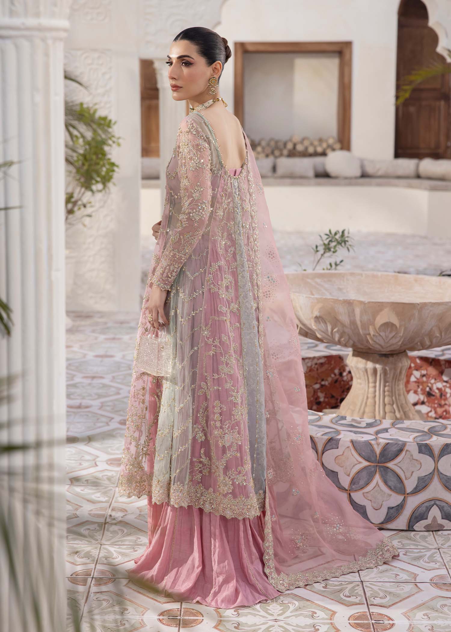 Kanwal Malik Pink Pishwas with Crushed Pants for Luxury Wedding wear - Pakistani Designer Wear for Women in UK | Kifat