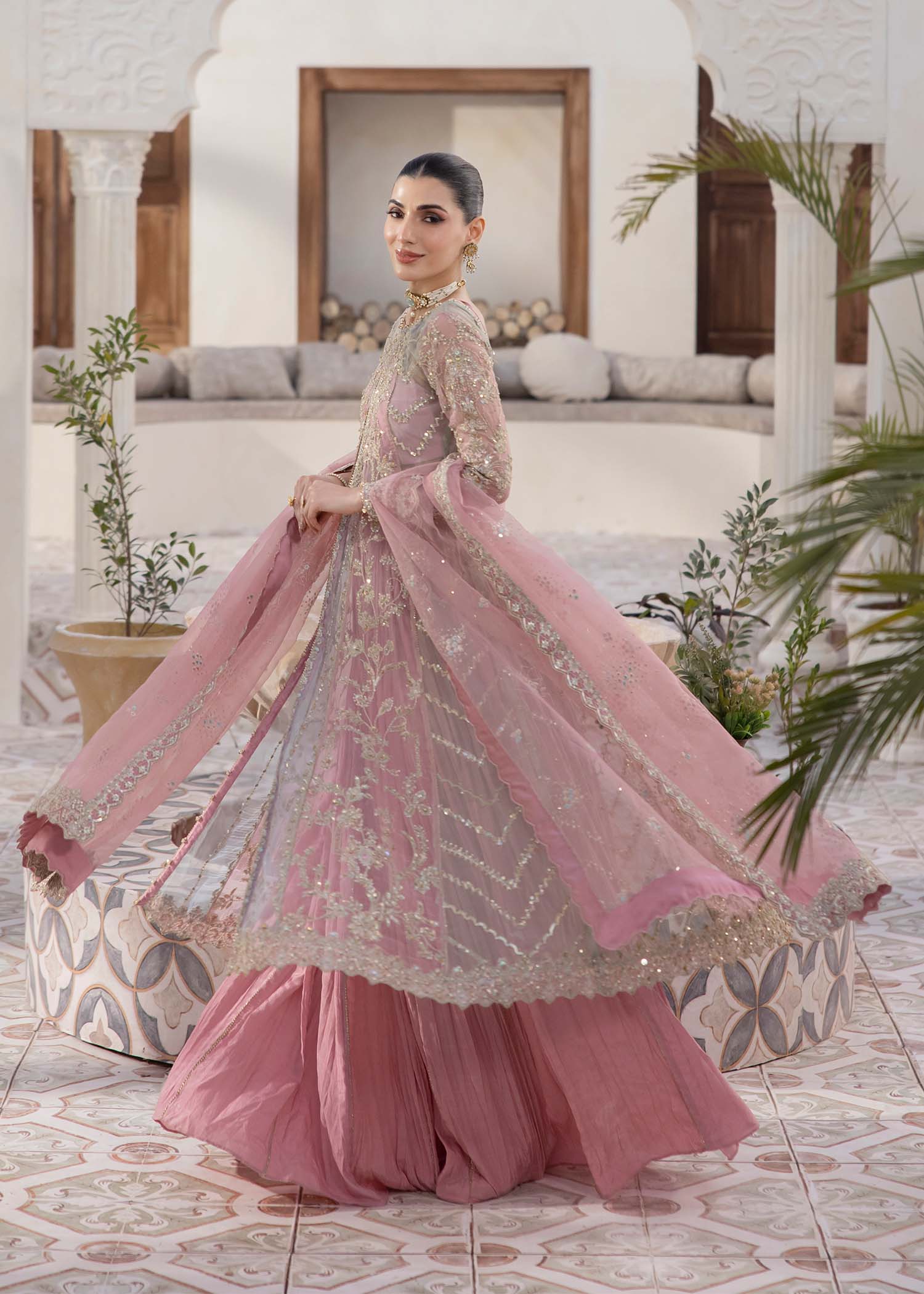 Kanwal Malik Pink Pishwas with Crushed Pants for Luxury Wedding wear - Pakistani Designer Wear for Women in UK | Kifat