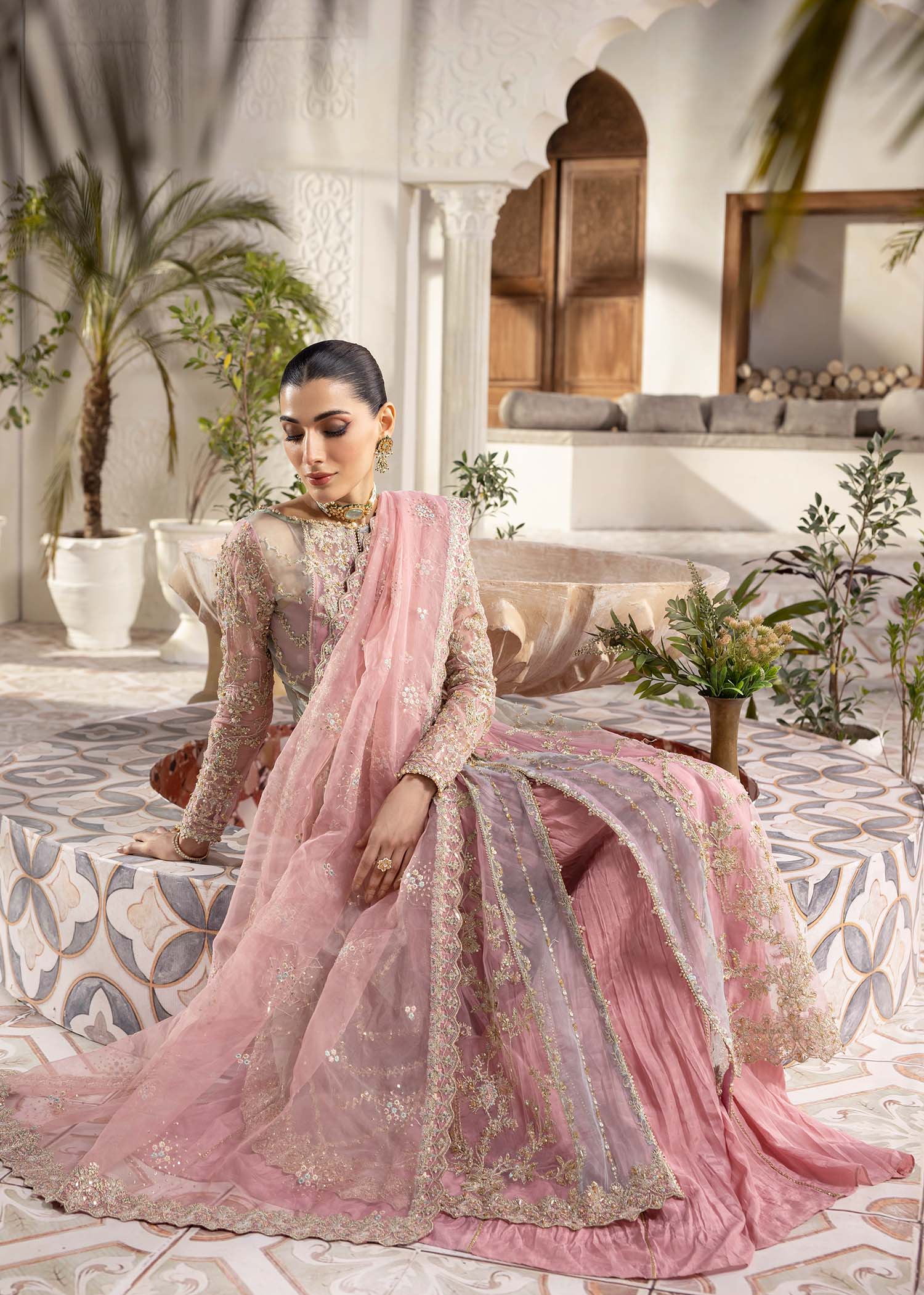 Kanwal Malik Pink Pishwas with Crushed Pants for Luxury Wedding wear - Pakistani Designer Wear for Women in UK | Kifat