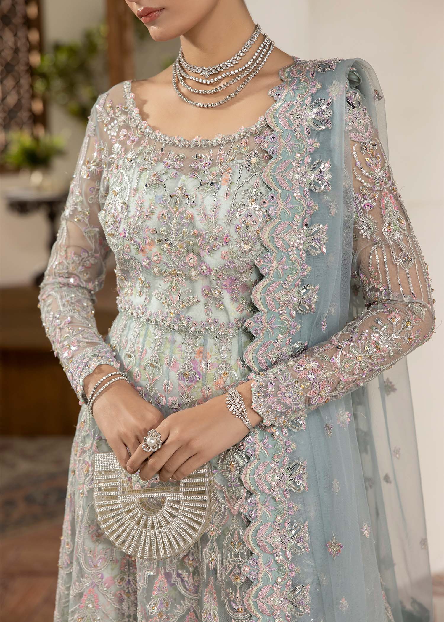 Kanwal Malik Ice Blue Pishwas with Ruffled Flare Pants for Luxury Wedding wear - Pakistani Designer Wear for Women in UK | Kifat