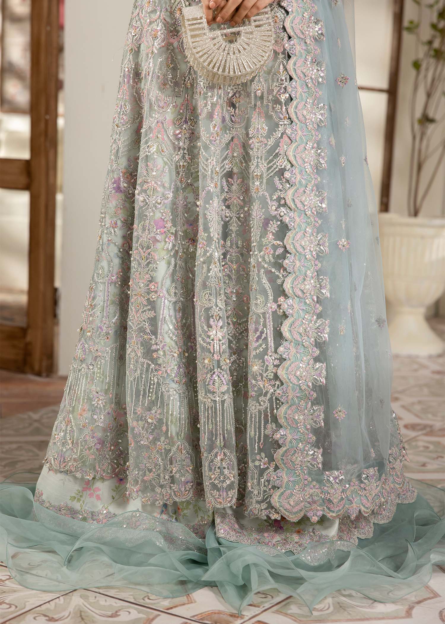 Kanwal Malik Ice Blue Pishwas with Ruffled Flare Pants for Luxury Wedding wear - Pakistani Designer Wear for Women in UK | Kifat