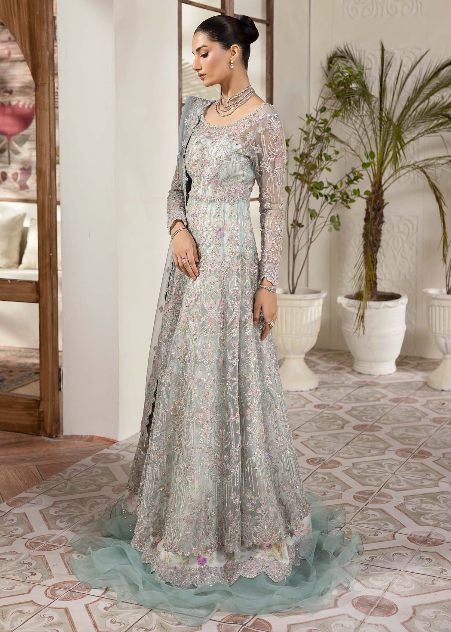 Kanwal Malik Ice Blue Pishwas with Ruffled Flare Pants for Luxury Wedding wear - Pakistani Designer Wear for Women in UK | Kifat