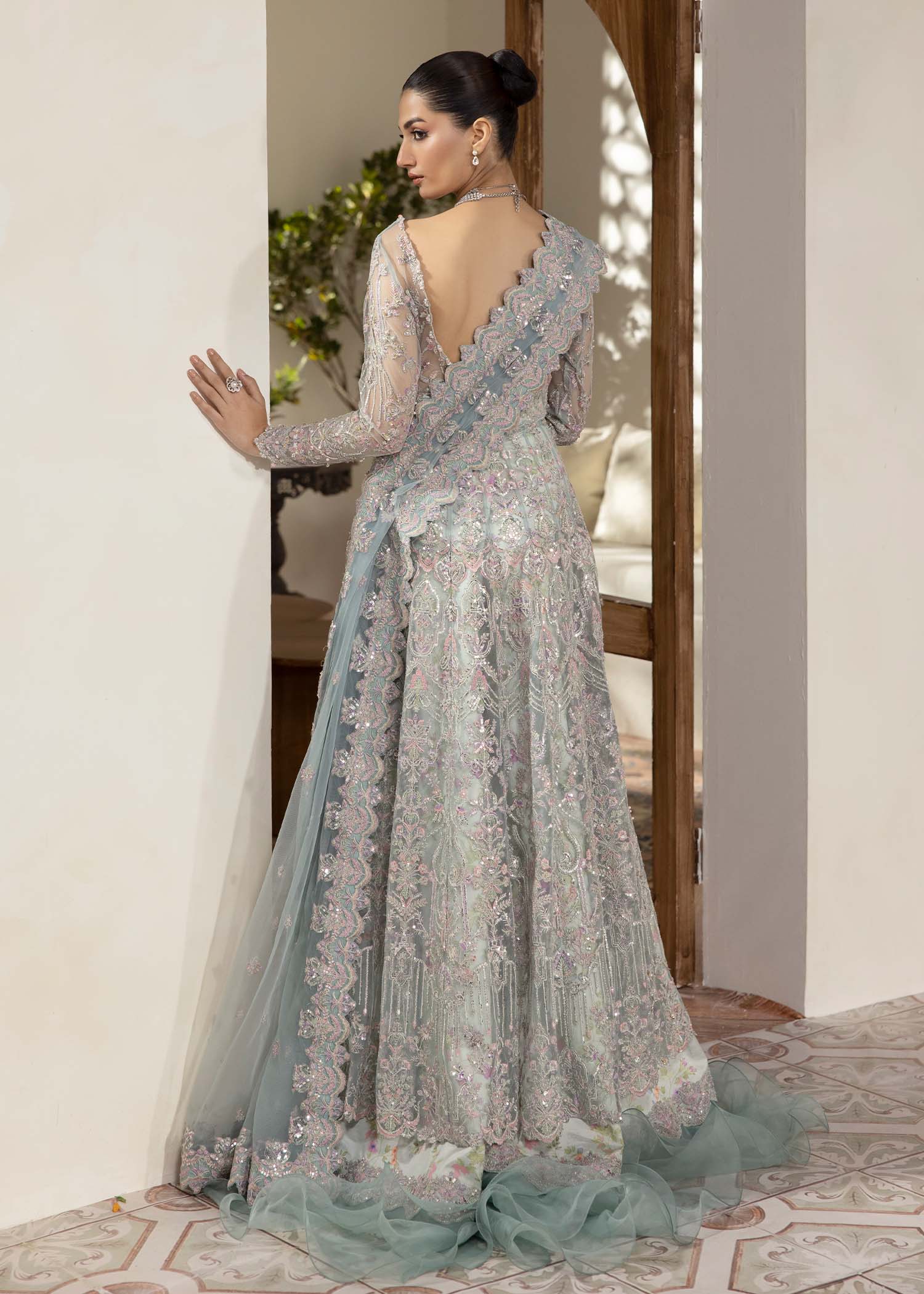 Kanwal Malik Ice Blue Pishwas with Ruffled Flare Pants for Luxury Wedding wear - Pakistani Designer Wear for Women in UK | Kifat
