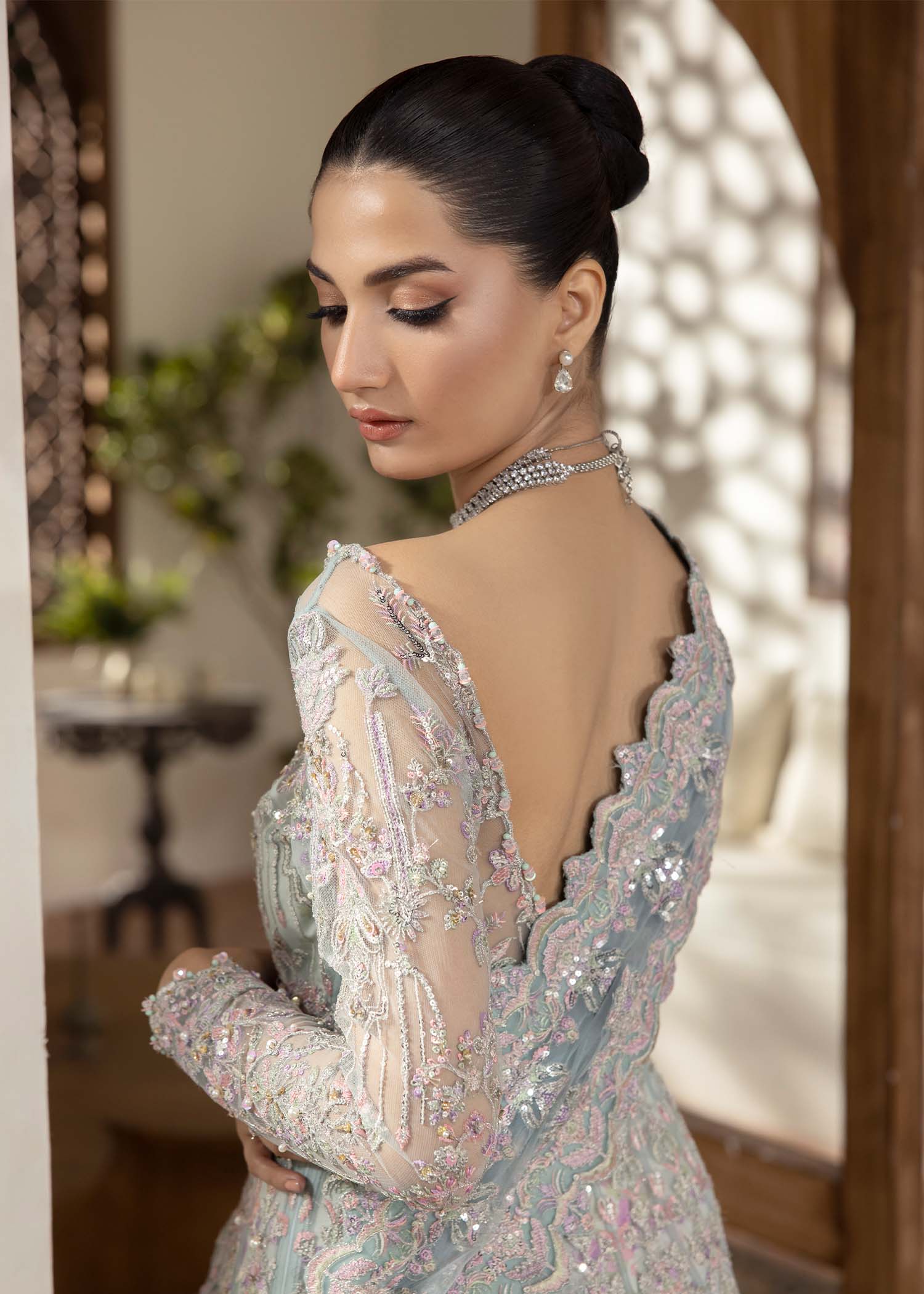 Kanwal Malik Ice Blue Pishwas with Ruffled Flare Pants for Luxury Wedding wear - Pakistani Designer Wear for Women in UK | Kifat