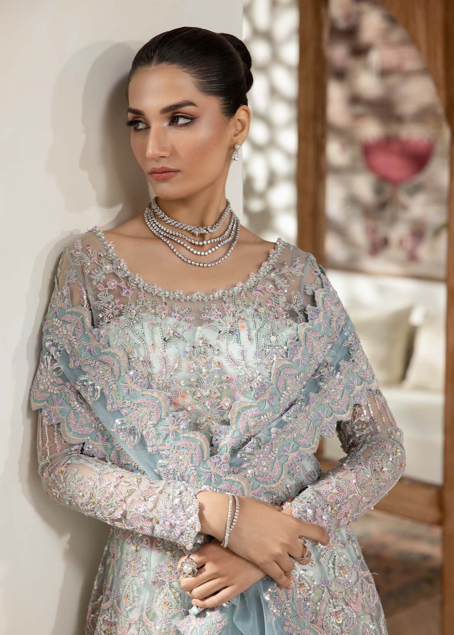 Kanwal Malik Ice Blue Pishwas with Ruffled Flare Pants for Luxury Wedding wear - Pakistani Designer Wear for Women in UK | Kifat
