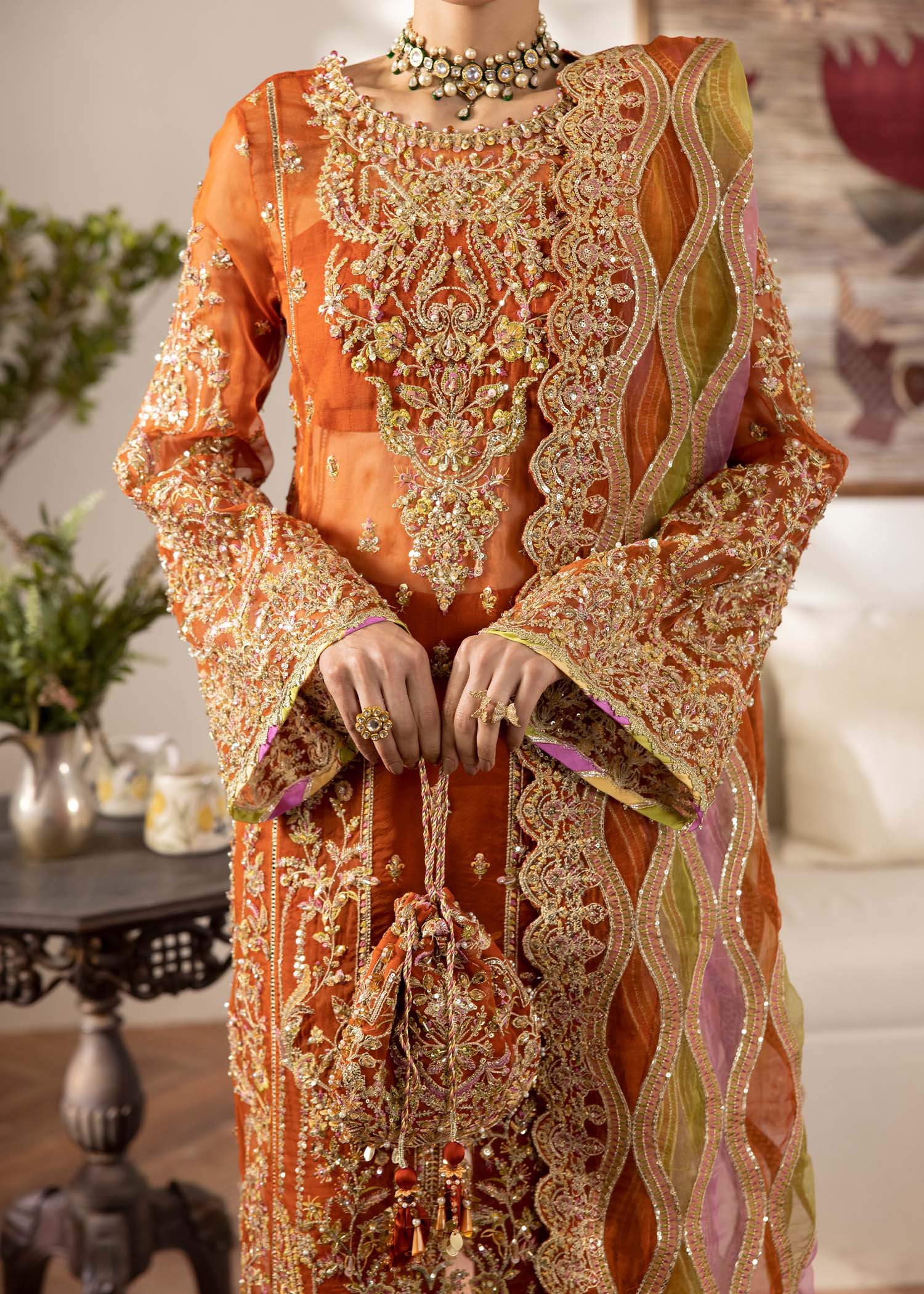 Kanwal Malik Rust Long shirt for Luxury Wedding wear - Pakistani Designer Wear for Women in UK | Kifat