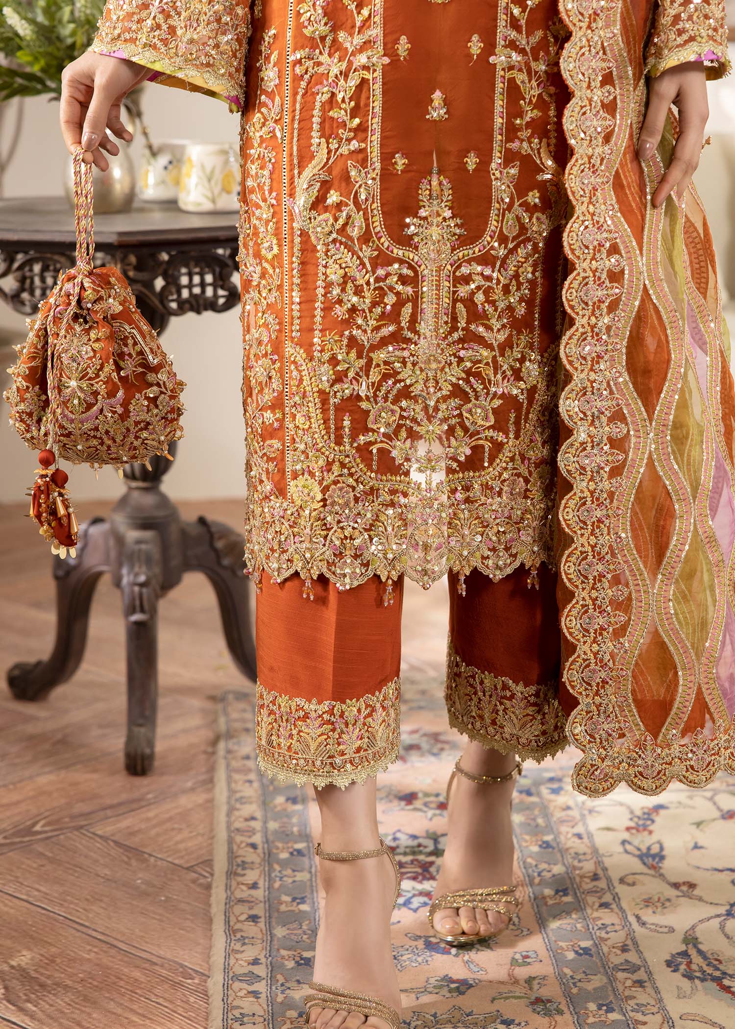 Kanwal Malik Rust Long shirt for Luxury Wedding wear - Pakistani Designer Wear for Women in UK | Kifat