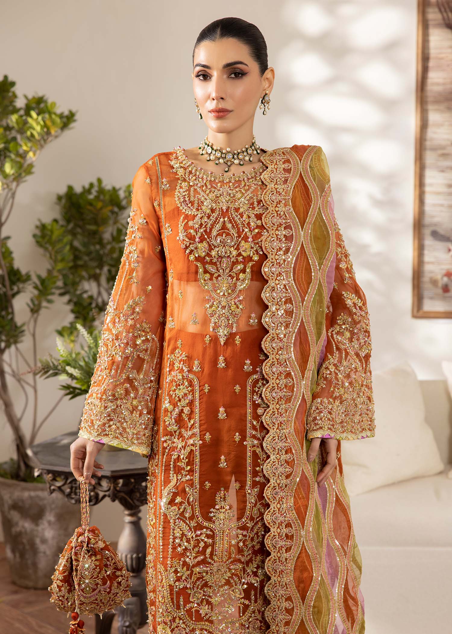 Kanwal Malik Rust Long shirt for Luxury Wedding wear - Pakistani Designer Wear for Women in UK | Kifat