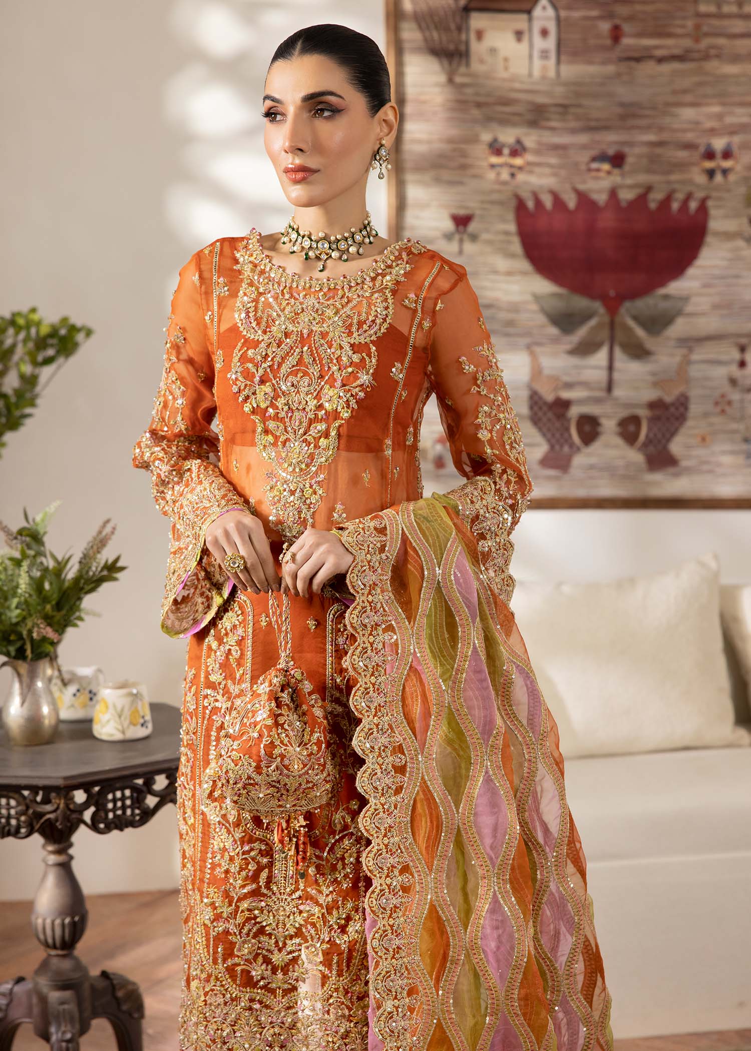 Kanwal Malik Rust Long shirt for Luxury Wedding wear - Pakistani Designer Wear for Women in UK | Kifat