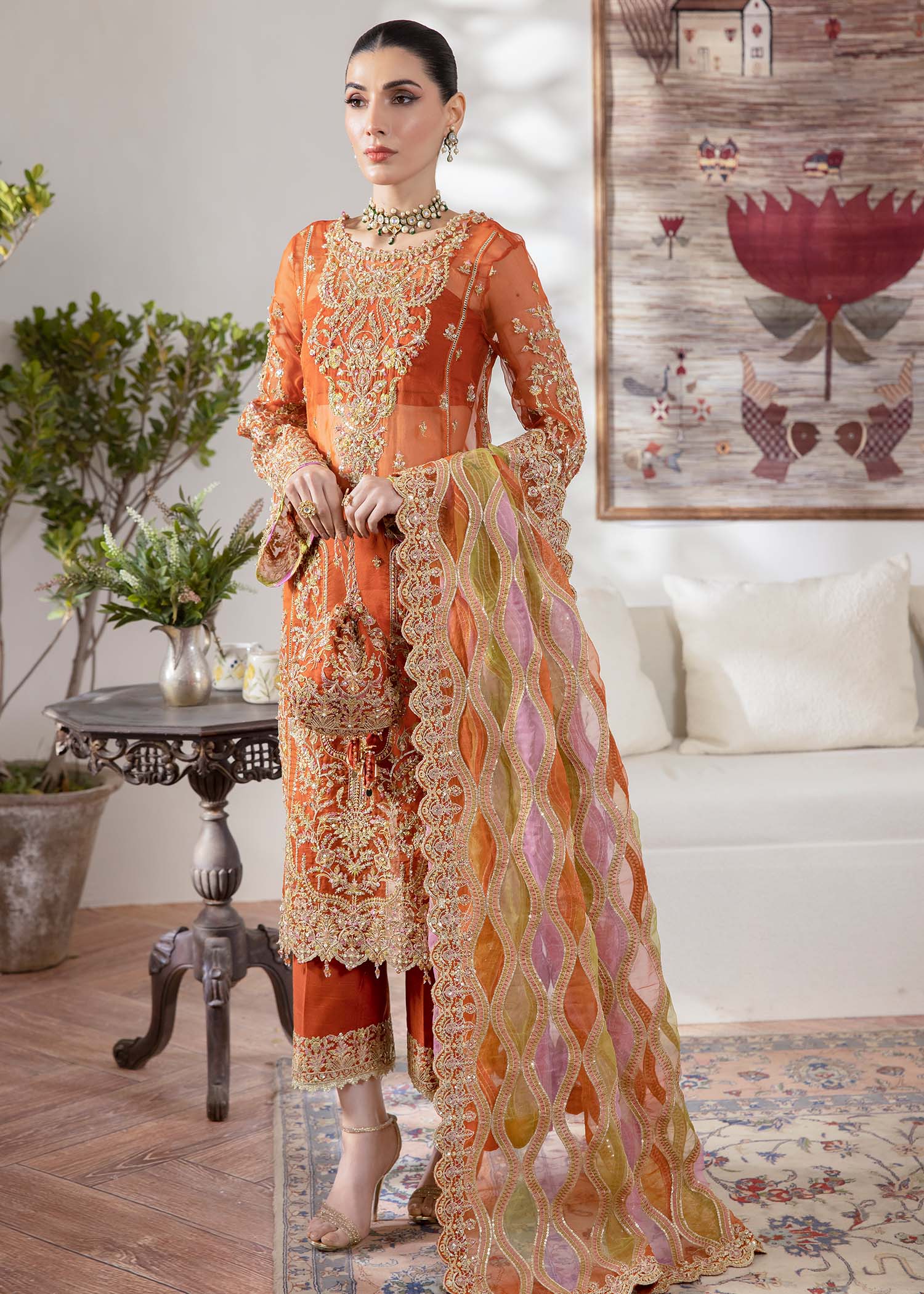 Kanwal Malik Rust Long shirt for Luxury Wedding wear - Pakistani Designer Wear for Women in UK | Kifat