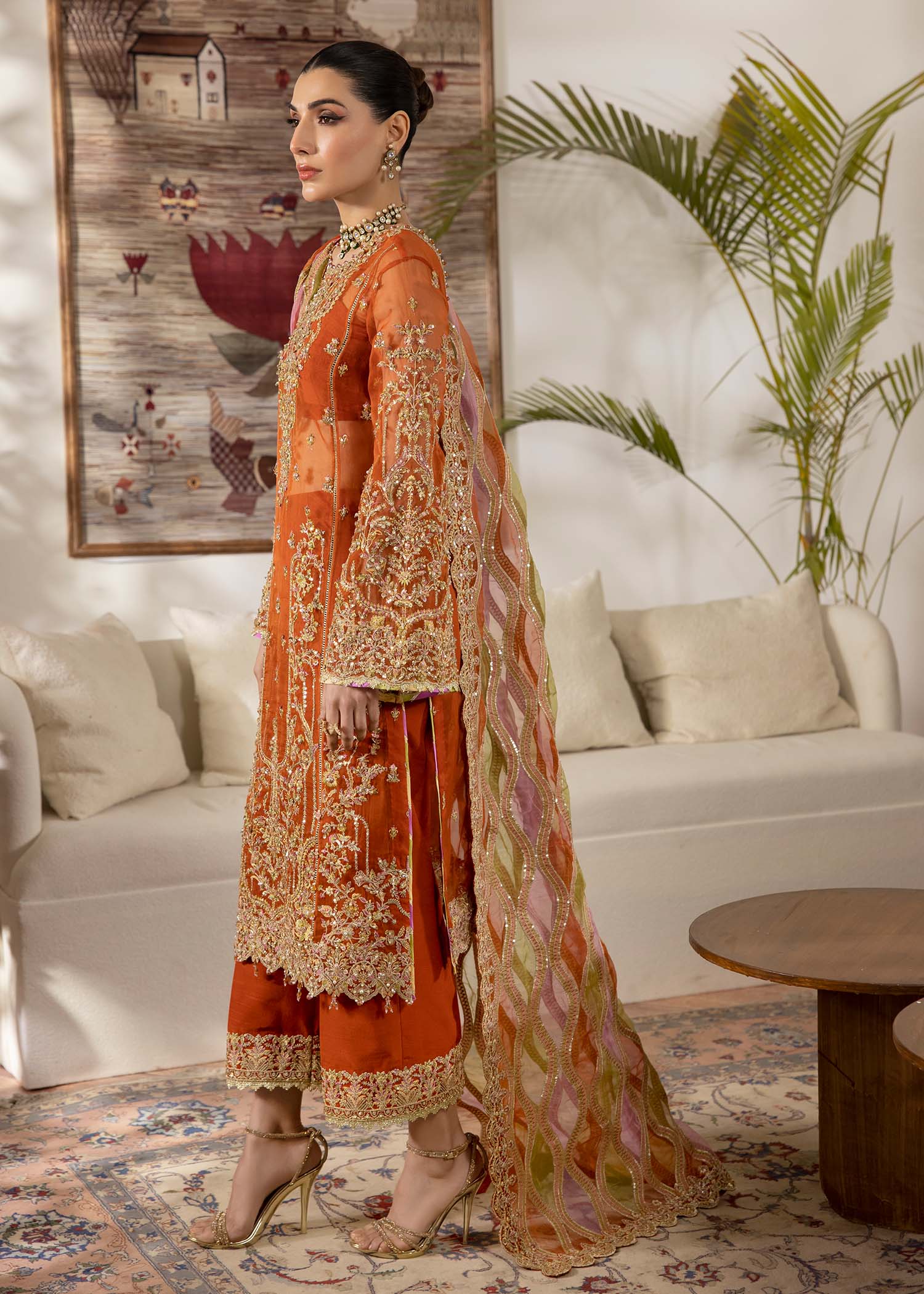 Kanwal Malik Rust Long shirt for Luxury Wedding wear - Pakistani Designer Wear for Women in UK | Kifat