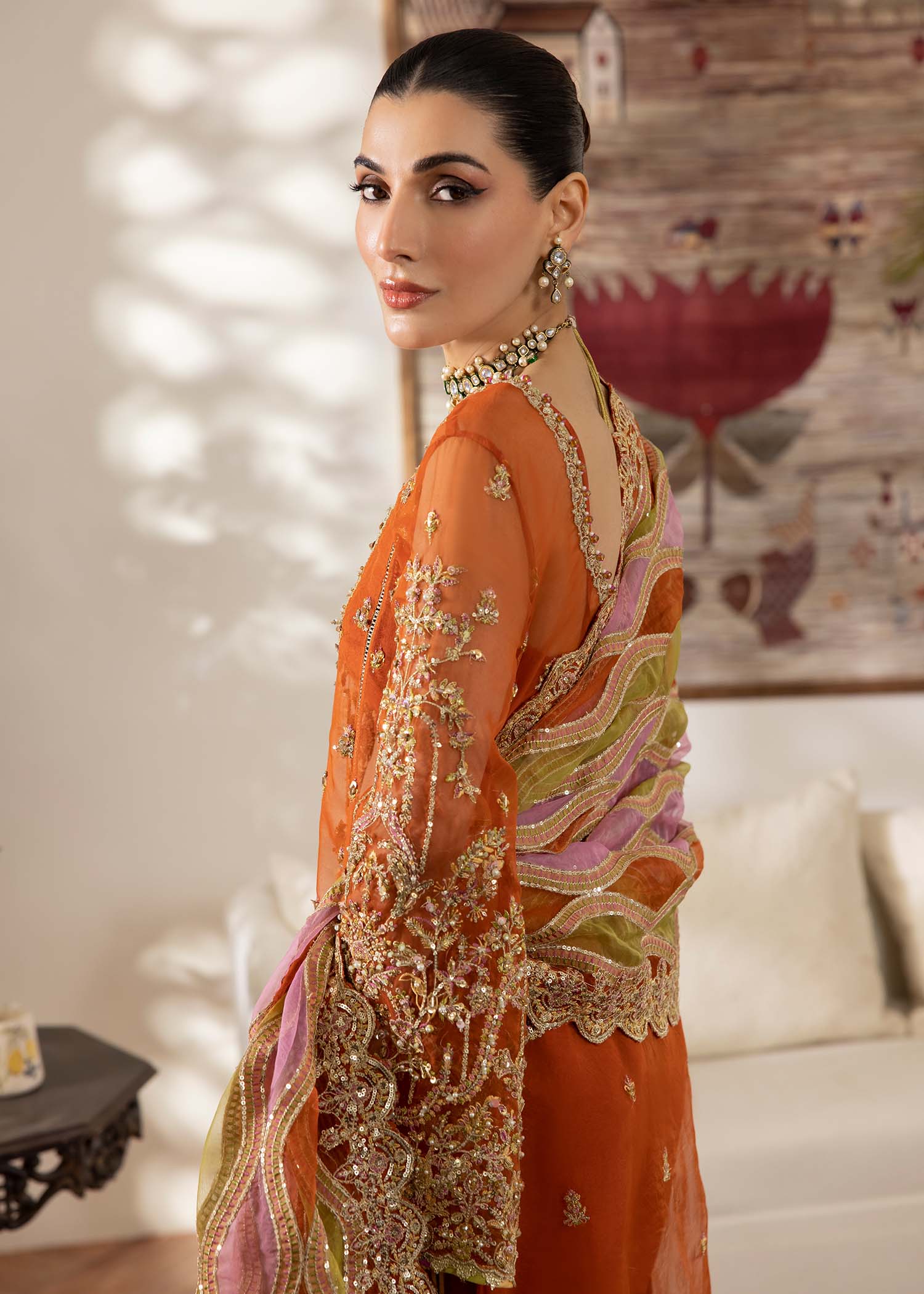 Kanwal Malik Rust Long shirt for Luxury Wedding wear - Pakistani Designer Wear for Women in UK | Kifat
