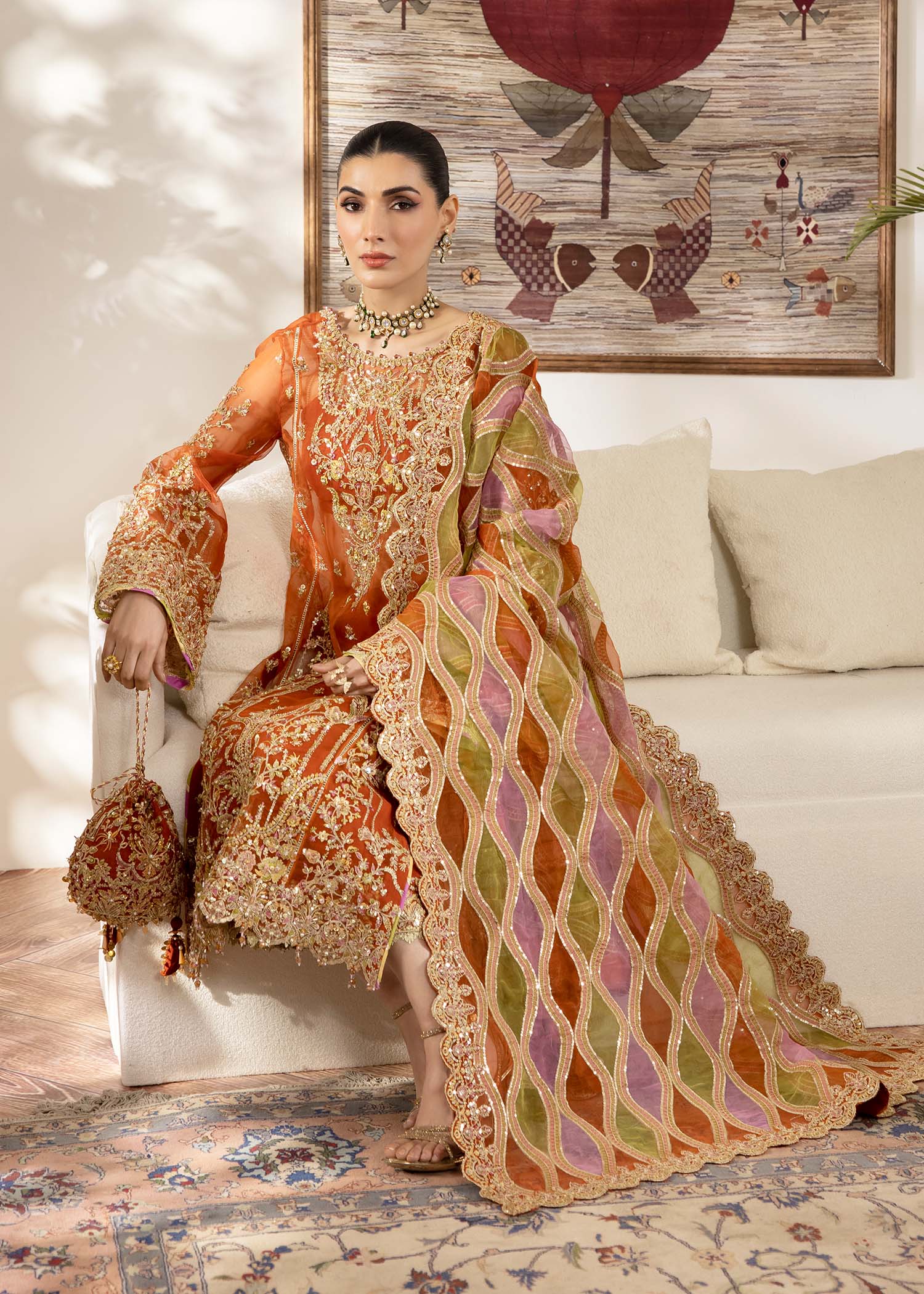 Kanwal Malik Rust Long shirt for Luxury Wedding wear - Pakistani Designer Wear for Women in UK | Kifat