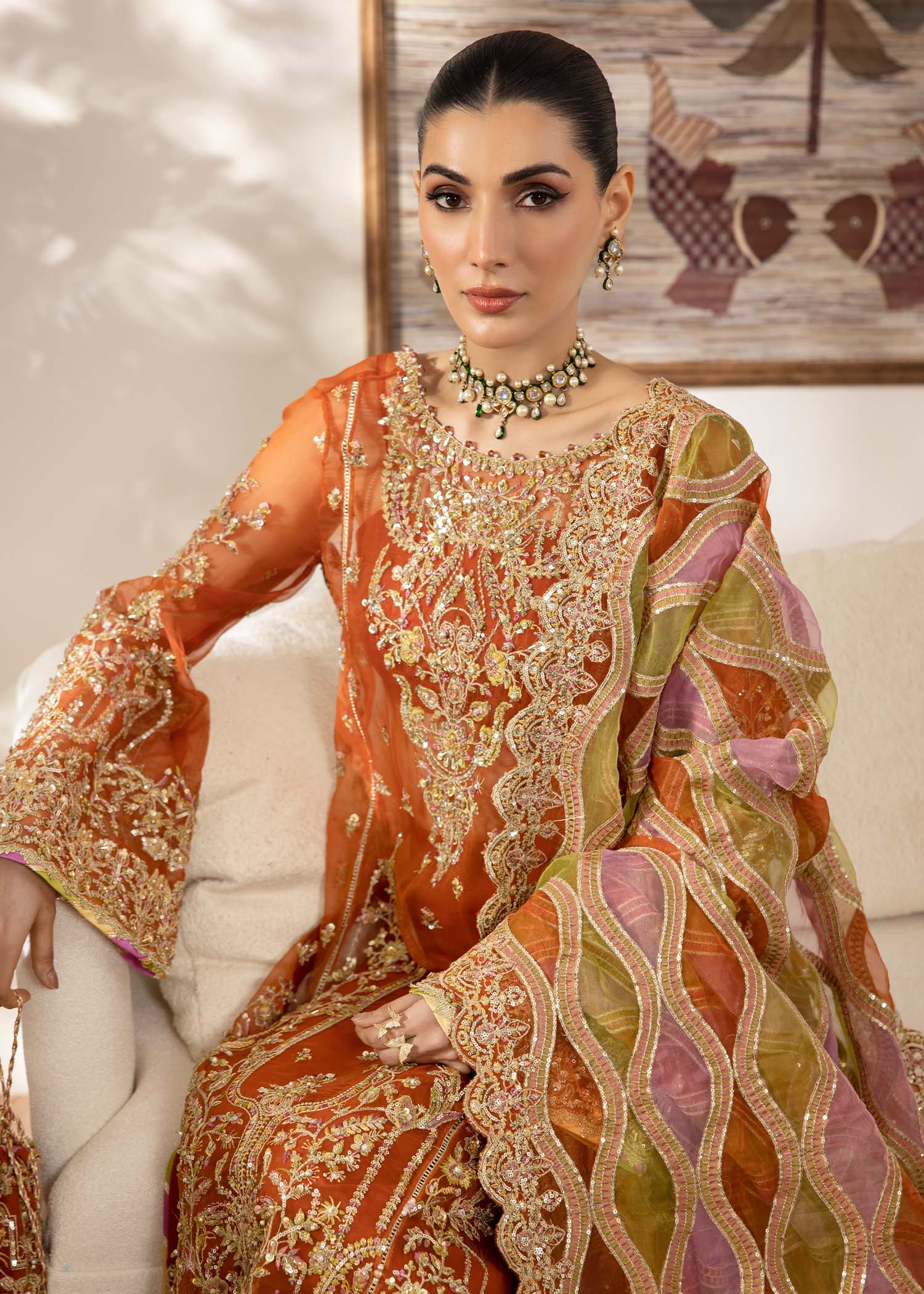 Kanwal Malik Rust Long shirt for Luxury Wedding wear - Pakistani Designer Wear for Women in UK | Kifat