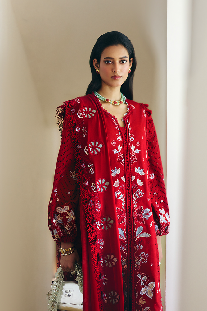 Model Wearing Suffuse by Sana Yasir CRIMSAL Coral Red front-open shirt with pants for Casual Dress- Pakistani Designer wear for Women in UK | Kifat