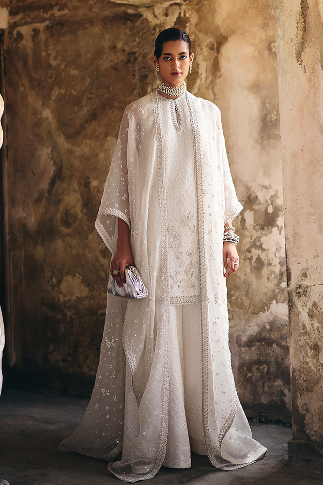 Model Wearing Suffuse by Sana Yasir ELUNA Ethereal White Shirt with wide azaar pants for Formal Events- Pakistani Designer wear for Women in UK | Kifat