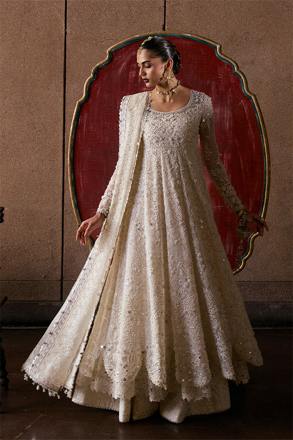 Model Wearing Suffuse by Sana Yasir Zahrell White Pishwas with Sharara Pants for Wedding Wear - Pakistani Designer wear for Women in UK | Kifat
