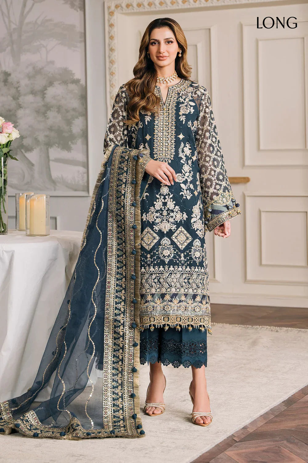 Baroque CH12-01 Teal Blue Long Shirt,Short Shirt for Formal Events - Pakistani Designer Wear for Women in UK | Kifat