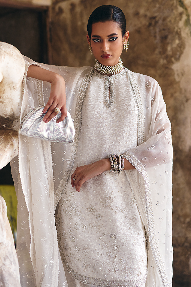 Model Wearing Suffuse by Sana Yasir ELUNA Ethereal White Shirt with wide azaar pants for Formal Events- Pakistani Designer wear for Women in UK | Kifat