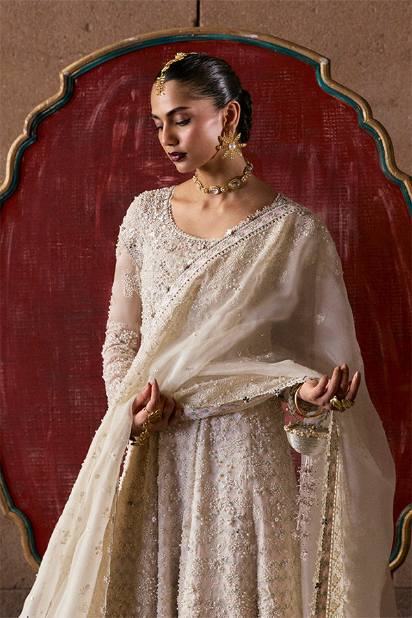 Model Wearing Suffuse by Sana Yasir Zahrell White Pishwas with Sharara Pants for Wedding Wear - Pakistani Designer wear for Women in UK | Kifat