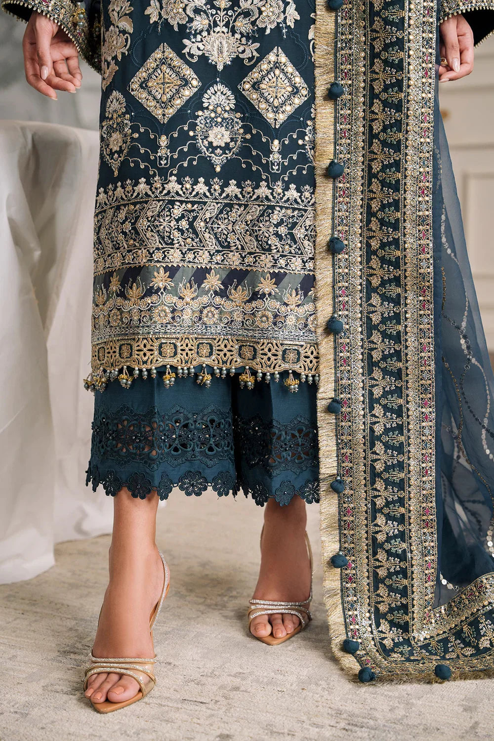 Baroque CH12-01 Teal Blue Long Shirt,Short Shirt for Formal Events - Pakistani Designer Wear for Women in UK | Kifat