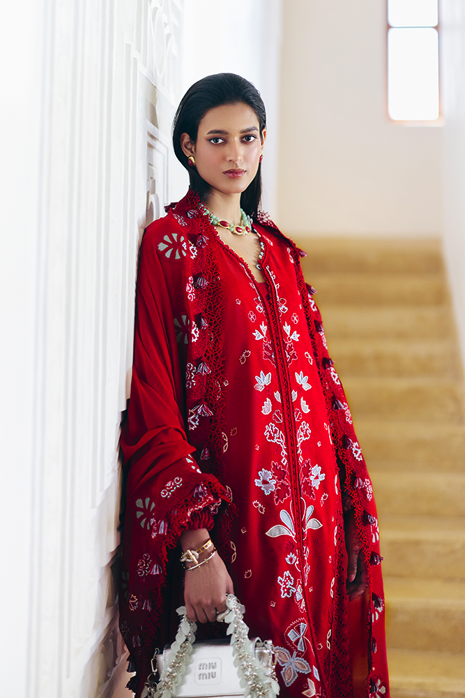 Model Wearing Suffuse by Sana Yasir CRIMSAL Coral Red front-open shirt with pants for Casual Dress- Pakistani Designer wear for Women in UK | Kifat