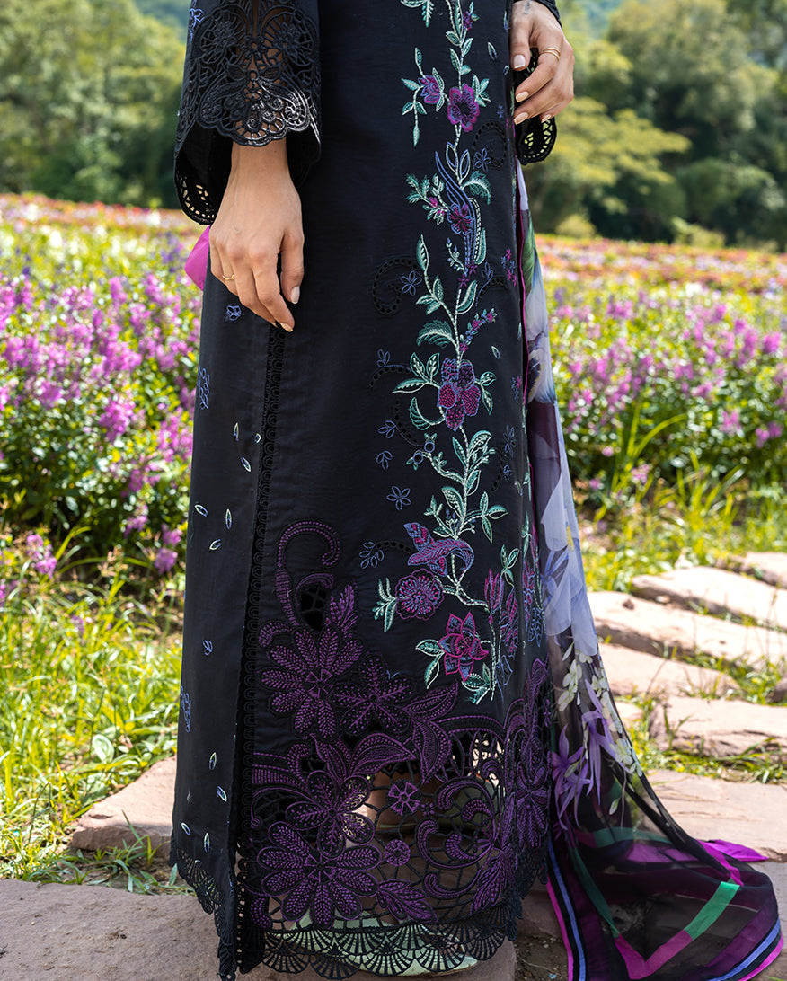 Women Wearing Garden Lullaby Black Long Shirt for Festive Events - Pakistani Designer Wear for Women in UK | Kifat