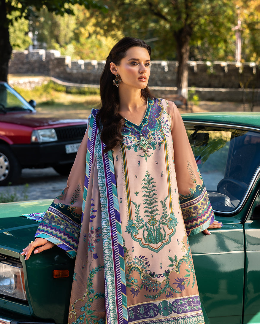 Women Wearing Aurora Echo Beige Long Shirt for Festive Events - Pakistani Designer Wear for Women in UK | Kifat