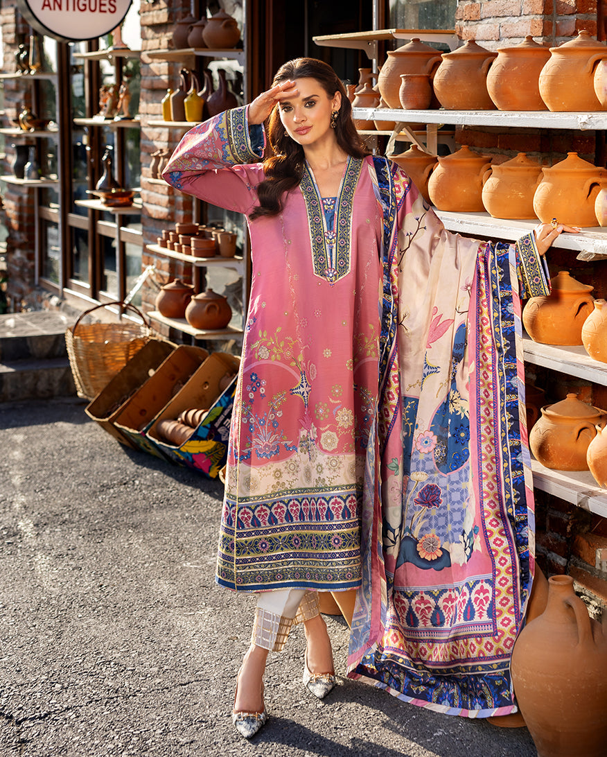 Women Wearing Meridian Bloom Tea Pink Long Shirt for Festive Events - Pakistani Designer Wear for Women in UK | Kifat