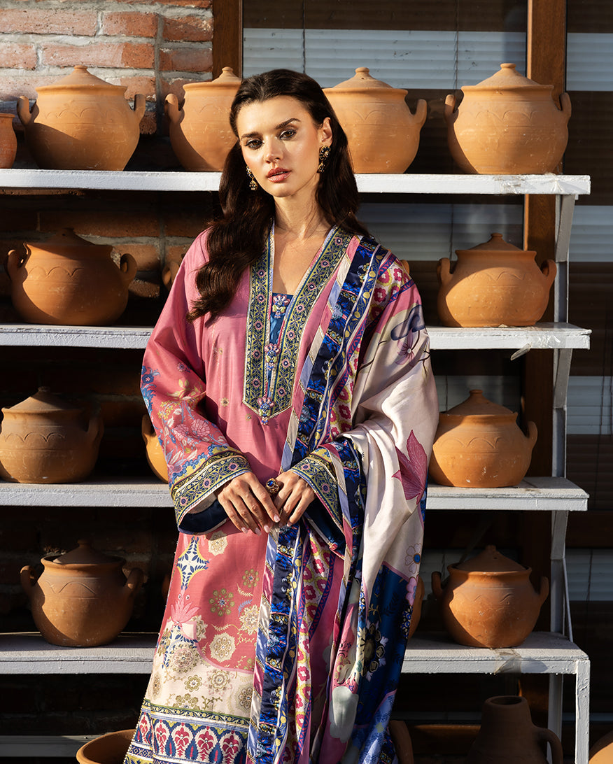 Women Wearing Meridian Bloom Tea Pink Long Shirt for Festive Events - Pakistani Designer Wear for Women in UK | Kifat