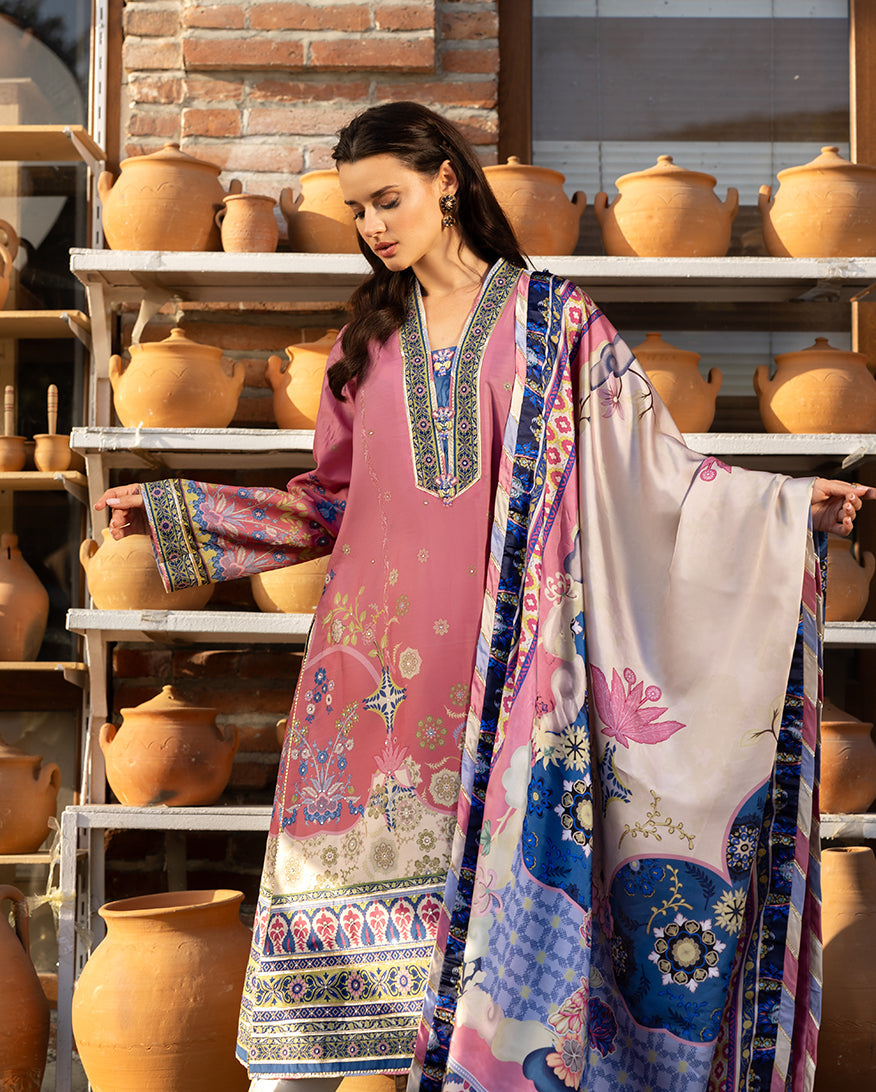 Women Wearing Meridian Bloom Tea Pink Long Shirt for Festive Events - Pakistani Designer Wear for Women in UK | Kifat
