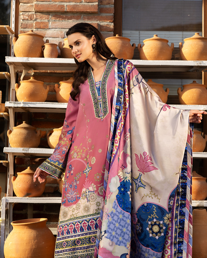 Women Wearing Meridian Bloom Tea Pink Long Shirt for Festive Events - Pakistani Designer Wear for Women in UK | Kifat
