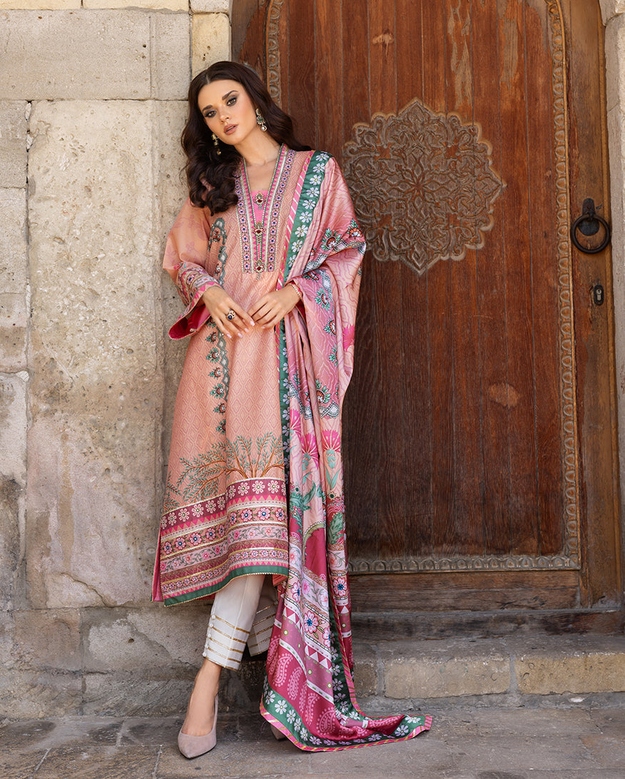 Women Wearing Pulsar Petal Rosey Coral Long Shirt for Festive Events - Pakistani Designer Wear for Women in UK | Kifat