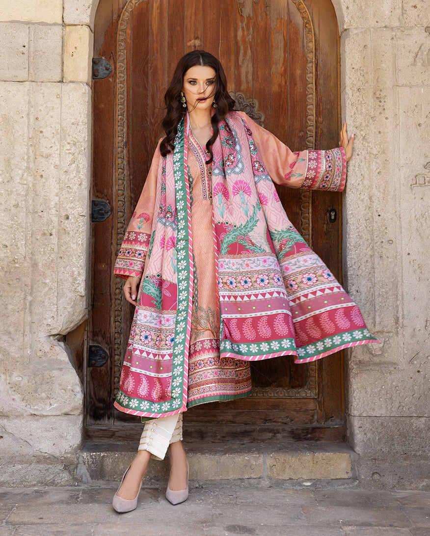 Women Wearing Pulsar Petal Rosey Coral Long Shirt for Festive Events - Pakistani Designer Wear for Women in UK | Kifat