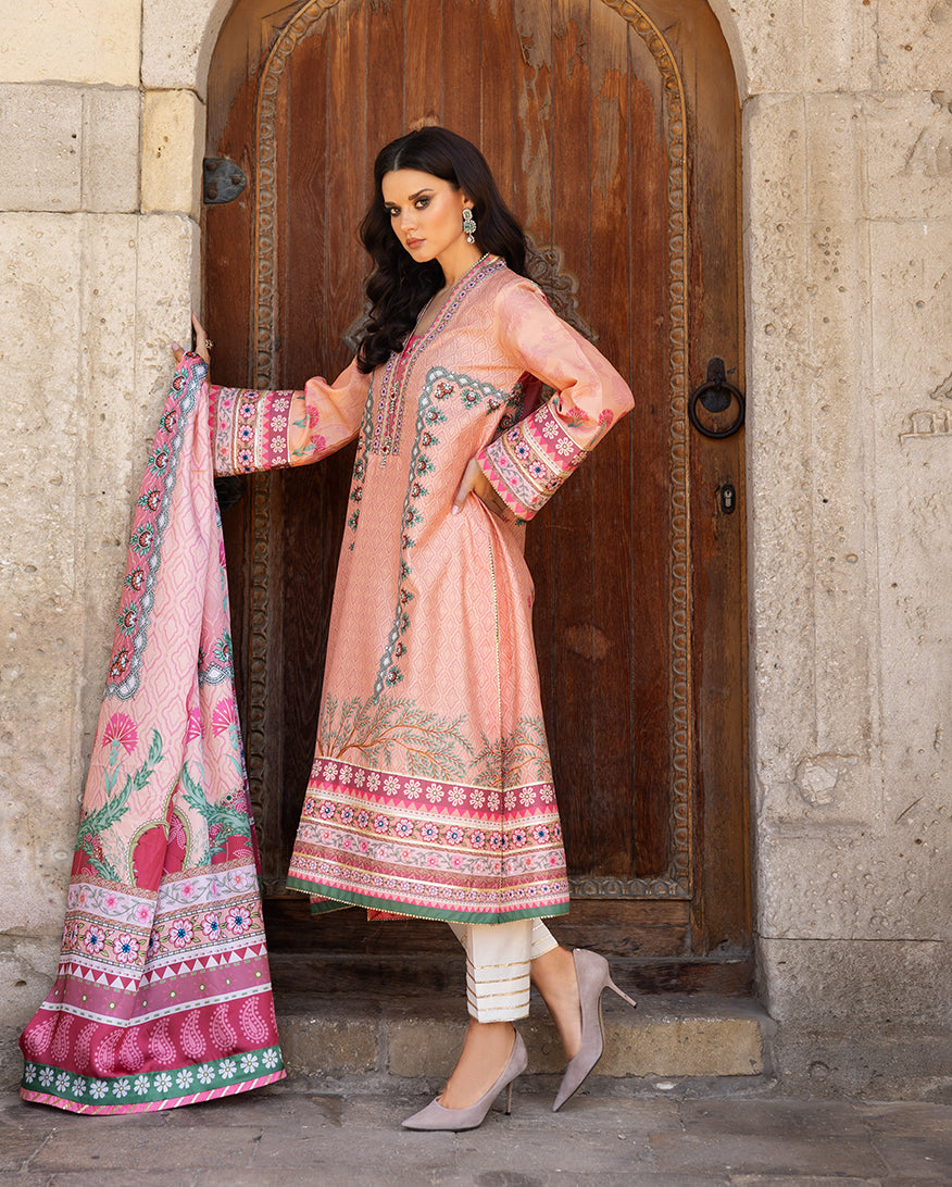 Women Wearing Pulsar Petal Rosey Coral Long Shirt for Festive Events - Pakistani Designer Wear for Women in UK | Kifat